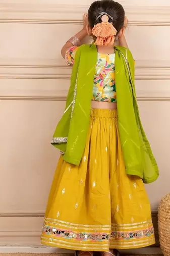 Girls poly digital printed and handworked top and cotton lurex yellow lehenga with dupatta