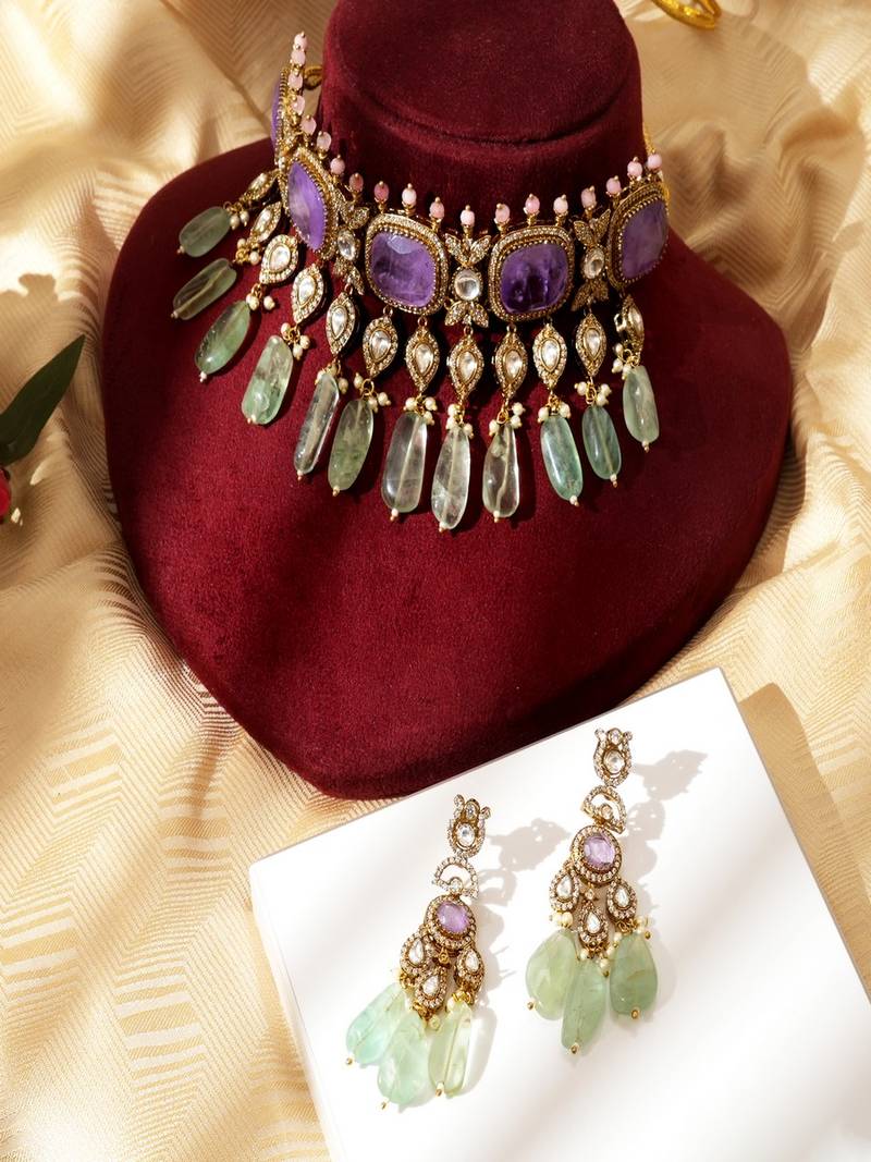 Gold plated multicolor kundan Choker necklace set