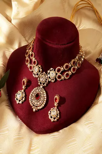 Gold plated red stone kundan necklace set