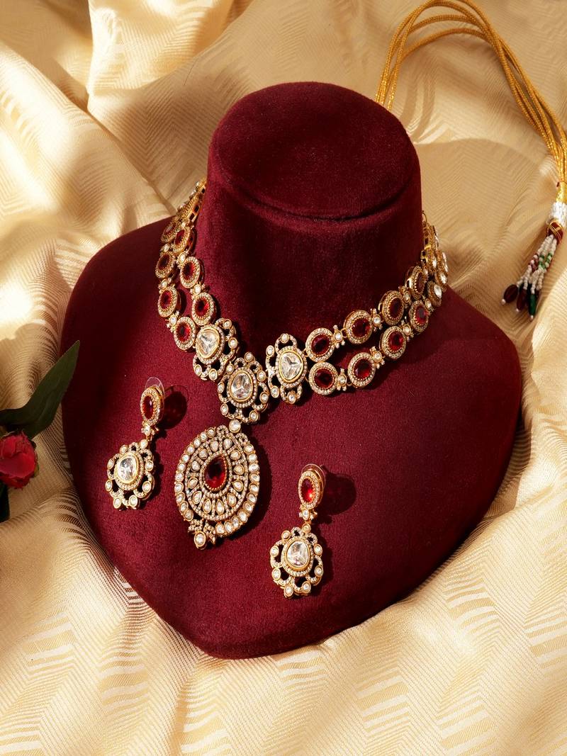 Gold plated red stone kundan necklace set