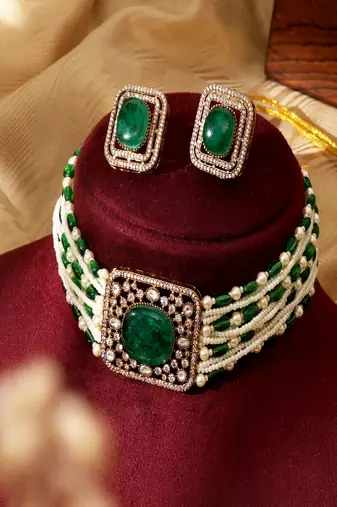 Gold plated green stone kundan Choker necklace set