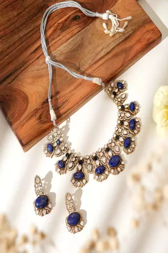 Gold plated blue stone kundan necklace set