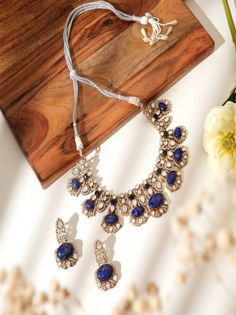 Gold plated blue stone kundan necklace set