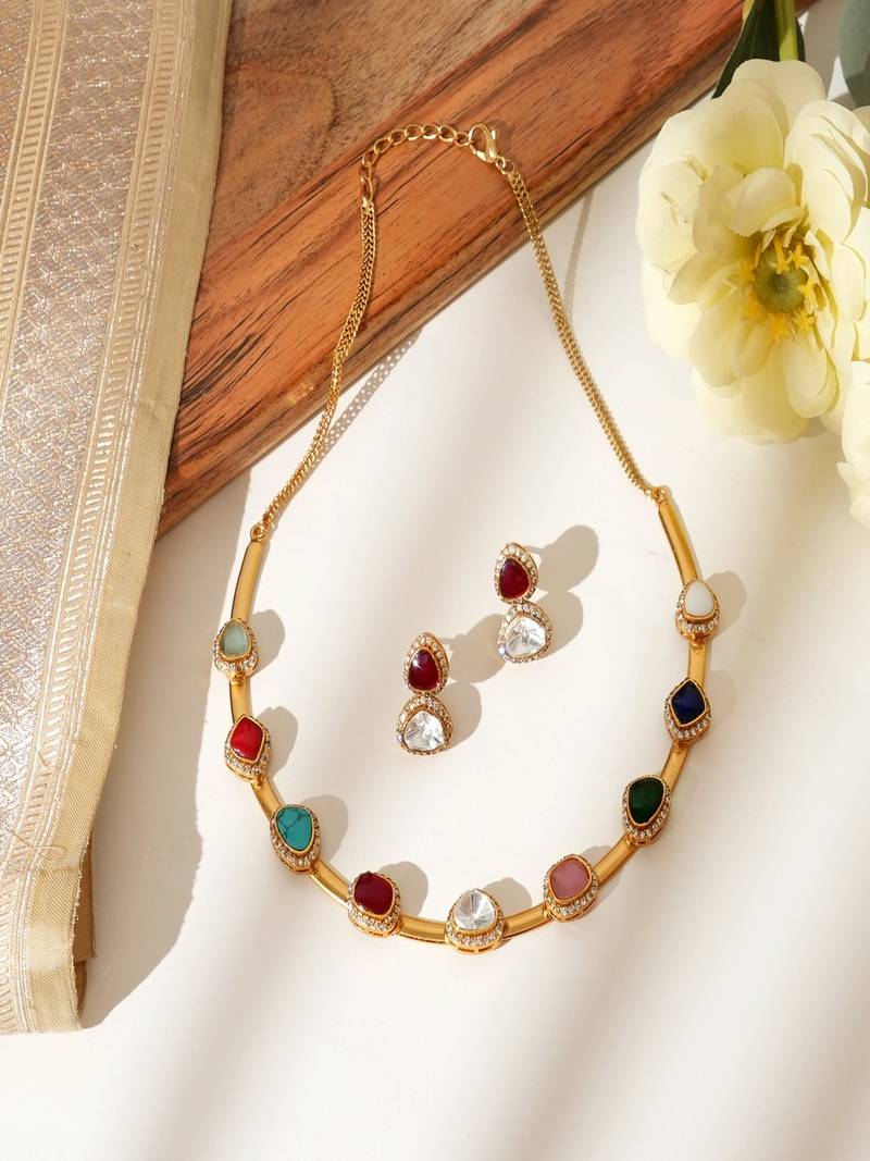 Gold plated multicolor kundan necklace set