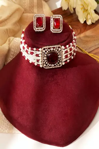 Gold plated red stone kundan Choker necklace set