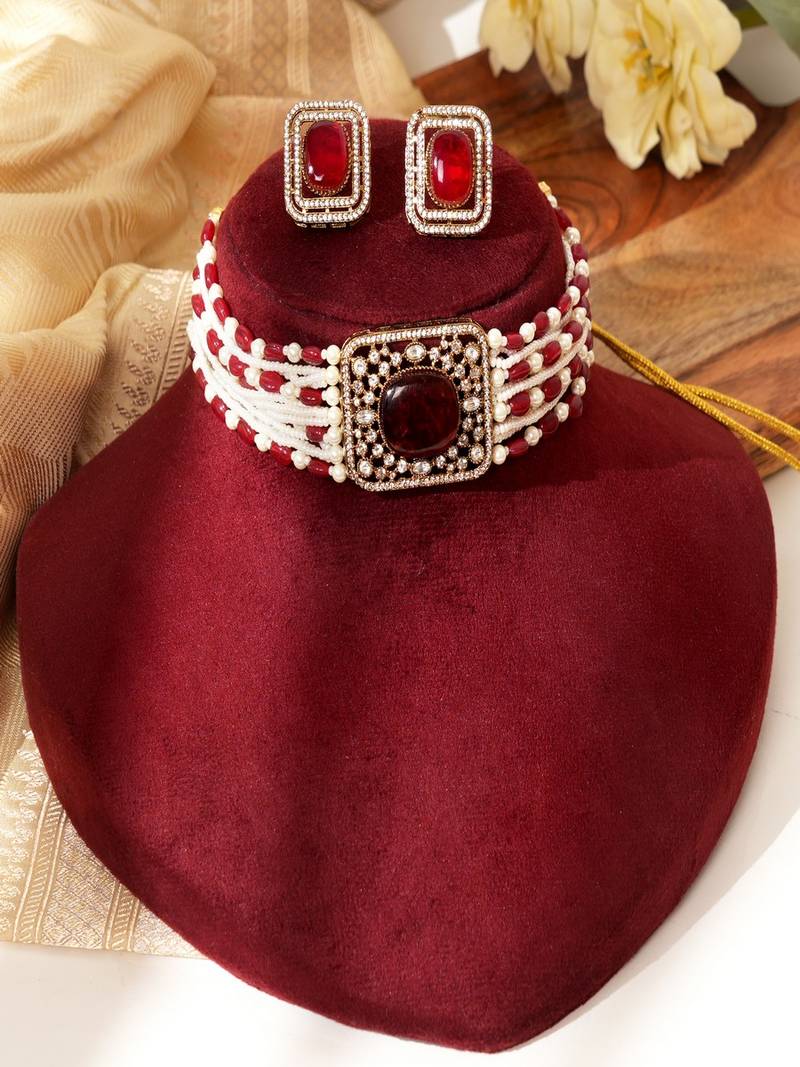 Gold plated red stone kundan Choker necklace set