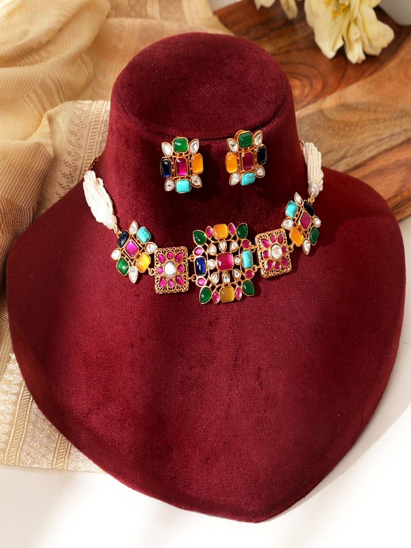 Gold plated multicolor kundan necklace set