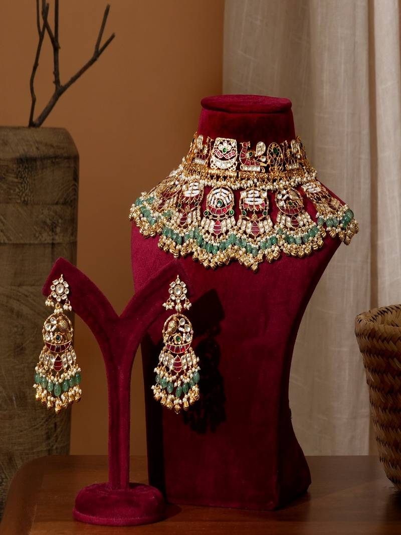 Gold plated multicolor kundan necklace set