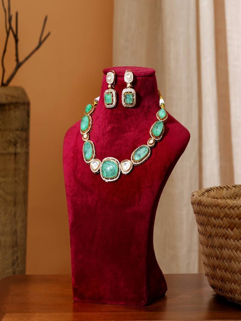 Gold plated sage green kundan necklace set