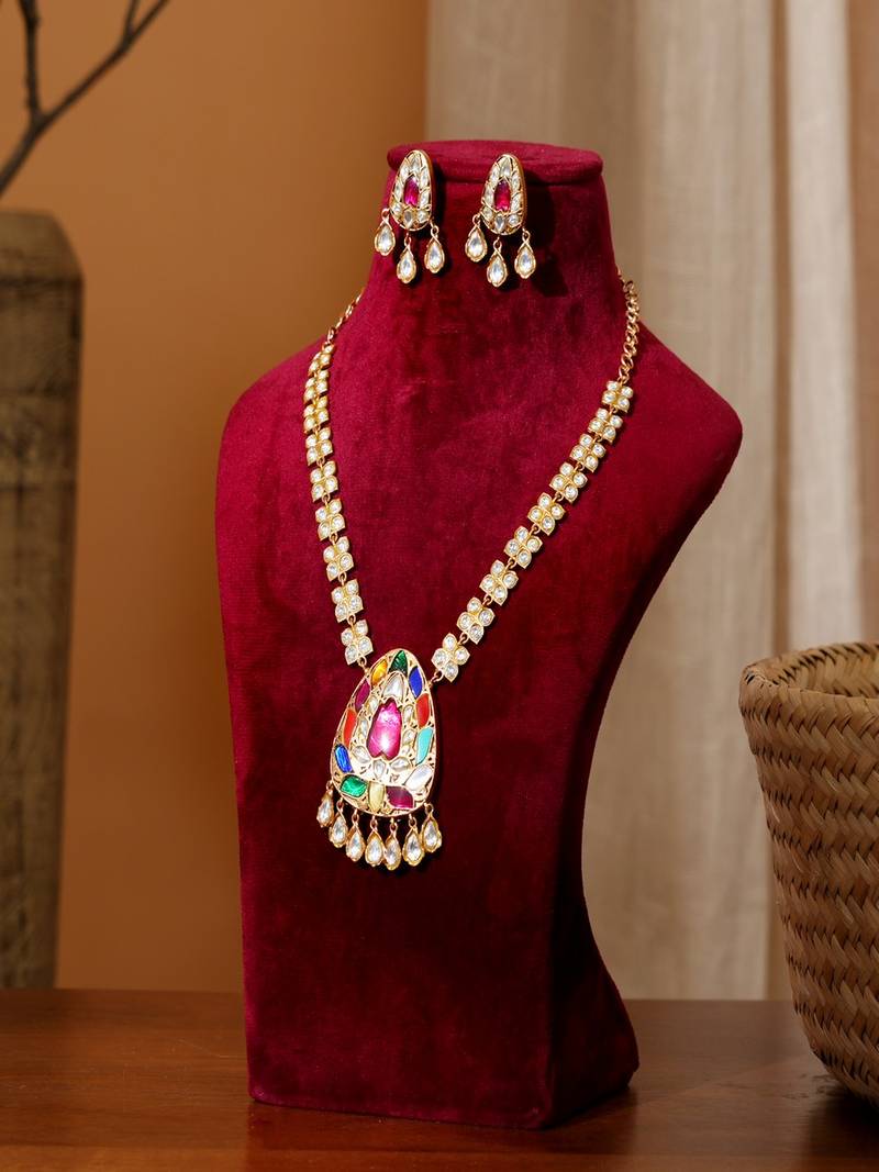 Gold plated multicolor kundan necklace set