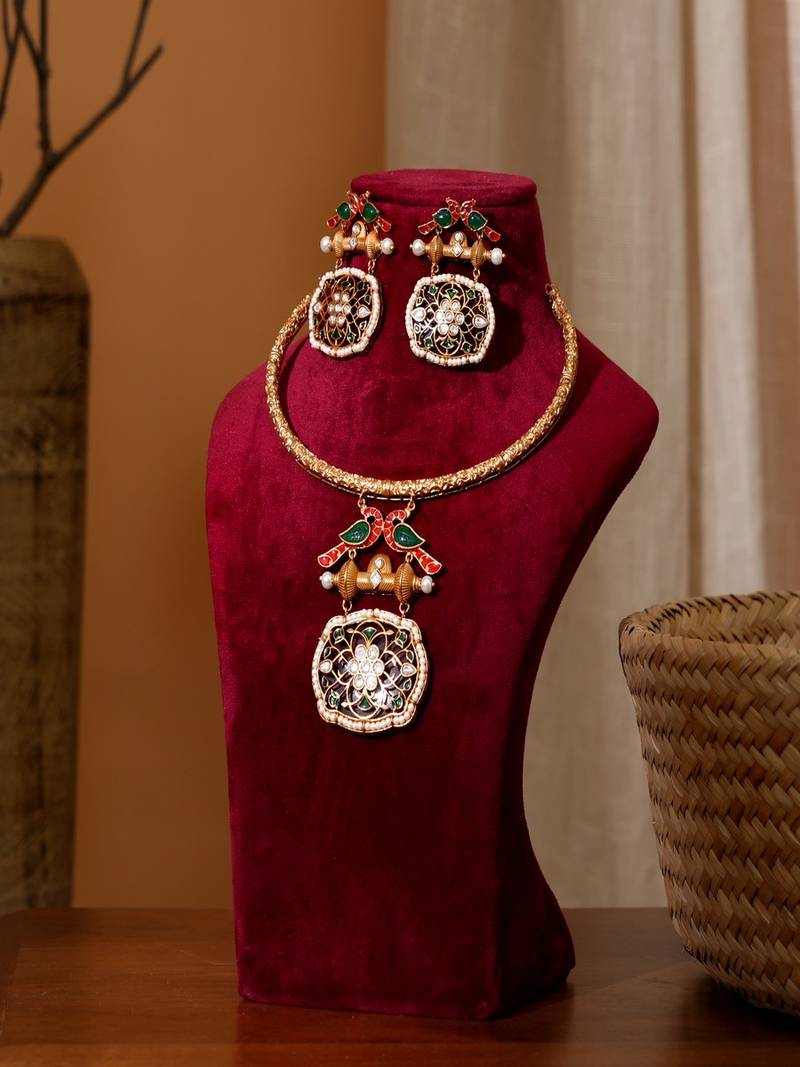 Gold plated multicolor kundan necklace set