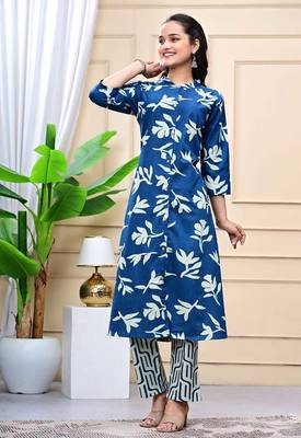 Women blue cotton printed & trim work a-line kurta & bottom set 1