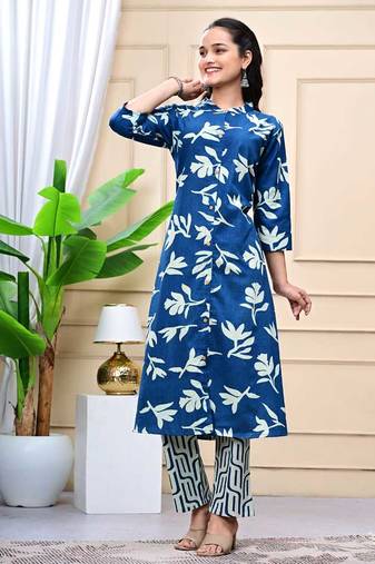 Women  blue cotton printed & trim work a-line kurta & bottom set