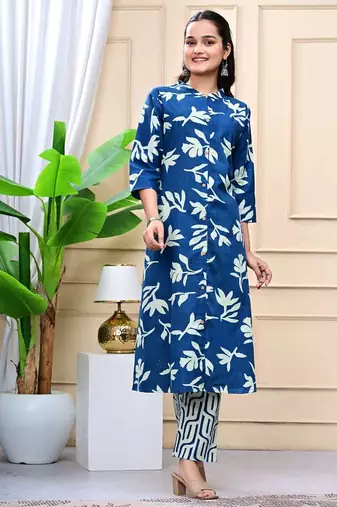 Women  blue cotton printed & trim work a-line kurta & bottom set