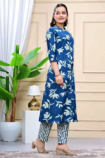 Women  blue cotton printed & trim work a-line kurta & bottom set