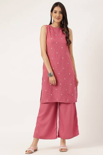 Women  rust rayon & embroidered work straight kurta bottom set