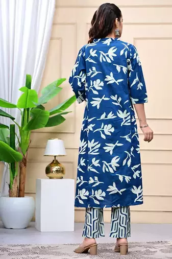 Women  blue cotton printed & trim work a-line kurta & bottom set