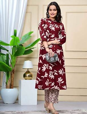 Women maroon cotton printed & trim work a-line kurta & bottom set 1