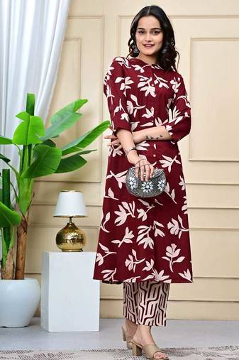 Women  maroon cotton printed & trim work a-line kurta & bottom set