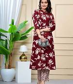 Women  maroon cotton printed & trim work a-line kurta & bottom set
