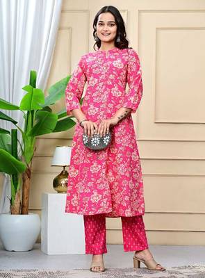 Women pink cotton printed & trim work a-line kurta & bottom set 1