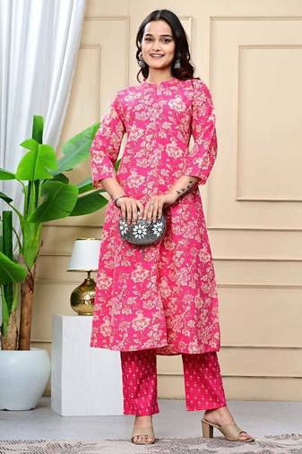 Women  pink cotton printed & trim work a-line kurta & bottom set