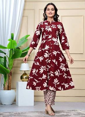 Women maroon cotton printed & trim work a-line kurta & bottom set 2