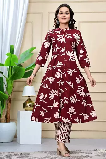 Women maroon cotton printed & trim work a-line kurta & bottom set
