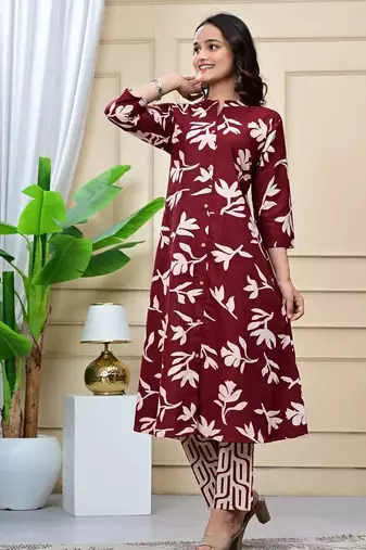 Women maroon cotton printed & trim work a-line kurta & bottom set