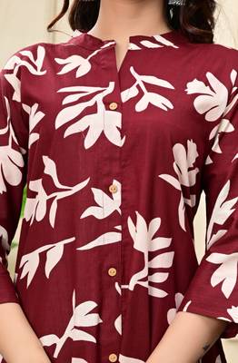 Women maroon cotton printed & trim work a-line kurta & bottom set 4