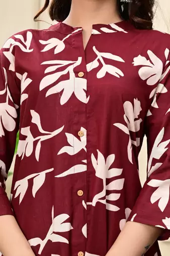 Women maroon cotton printed & trim work a-line kurta & bottom set