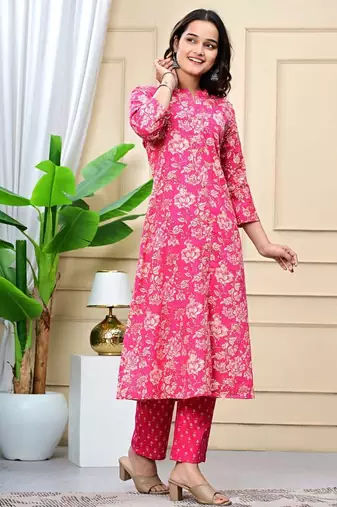Women pink cotton printed & trim work a-line kurta & bottom set