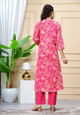 Women pink cotton printed & trim work a-line kurta & bottom set 3