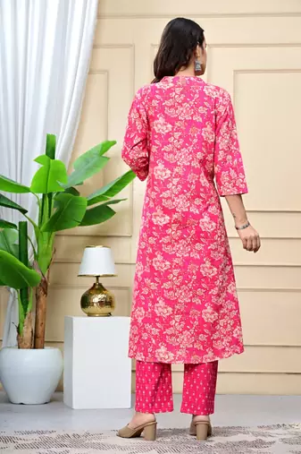 Women pink cotton printed & trim work a-line kurta & bottom set