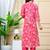 Women  pink cotton printed & trim work a-line kurta & bottom set