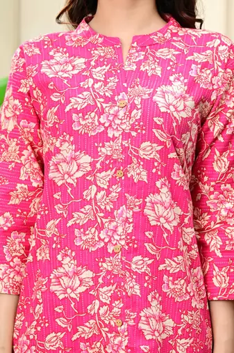 Women pink cotton printed & trim work a-line kurta & bottom set
