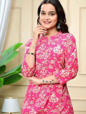 Women pink cotton printed & trim work a-line kurta & bottom set 5