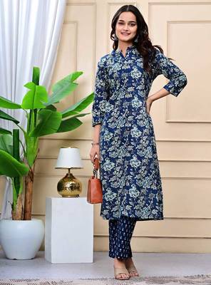 Women navy blue cotton printed & trim work a-line kurta & bottom set 1