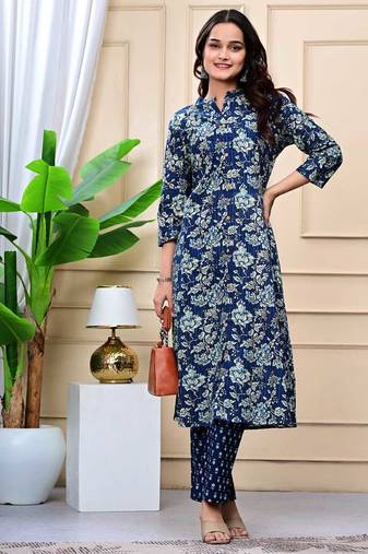 Women  navy blue cotton printed & trim work a-line kurta & bottom set
