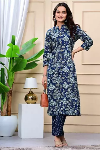 Women  navy blue cotton printed & trim work a-line kurta & bottom set
