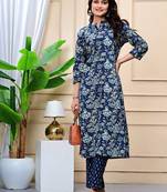 Women  navy blue cotton printed & trim work a-line kurta & bottom set
