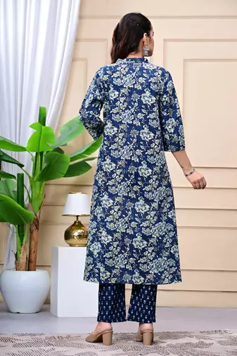 Women  navy blue cotton printed & trim work a-line kurta & bottom set