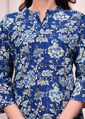 Women navy blue cotton printed & trim work a-line kurta & bottom set 3
