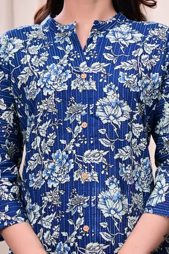 Women  navy blue cotton printed & trim work a-line kurta & bottom set