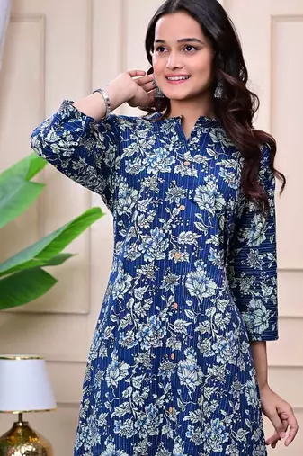 Women  navy blue cotton printed & trim work a-line kurta & bottom set