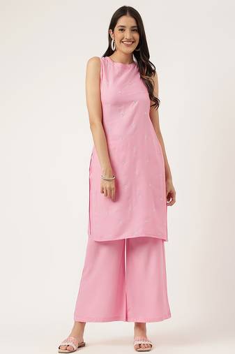 Women  pink rayon & embroidered work straight kurta bottom set