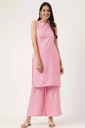 Women  pink rayon & embroidered work straight kurta bottom set