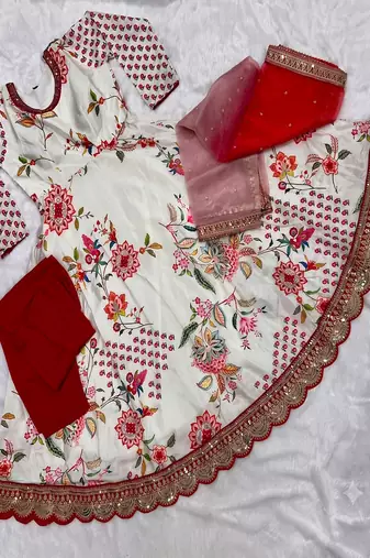 Cream Chinnon fabric digital print with embroidery work fully gown