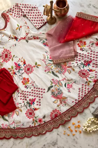 Cream Chinnon fabric digital print with embroidery work fully gown
