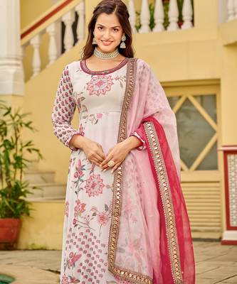 Cream Chinnon fabric digital print with embroidery work fully gown 6